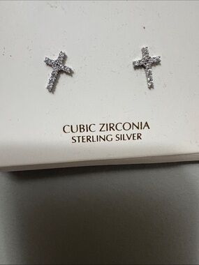 Sterling Silver Cubic Zirconia Cross Stud Earrings - Silver